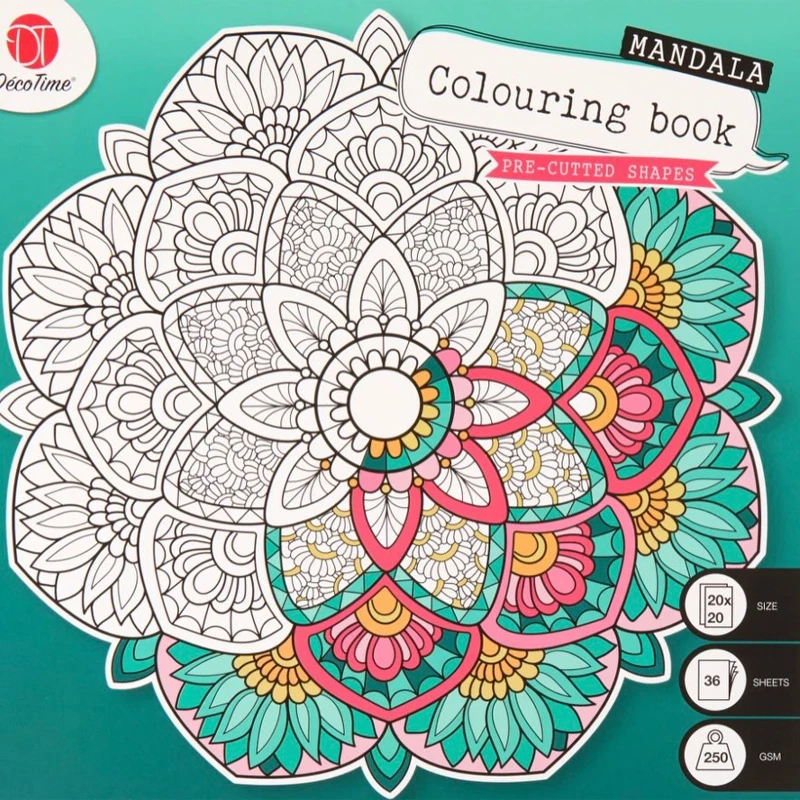 Deco Time - Mandala Anti-Stress Coloring Book Thick Paper 250 gsm Pre-Cutted Shapes 36 Sheets Size 20 x 20 cm – Turquoise Cover (3219371)